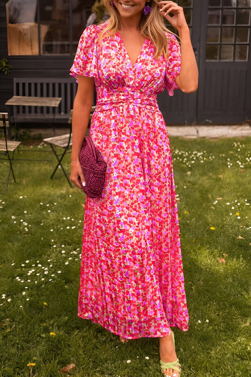 Women's V-Neck Flutter Sleeve Maxi Dress