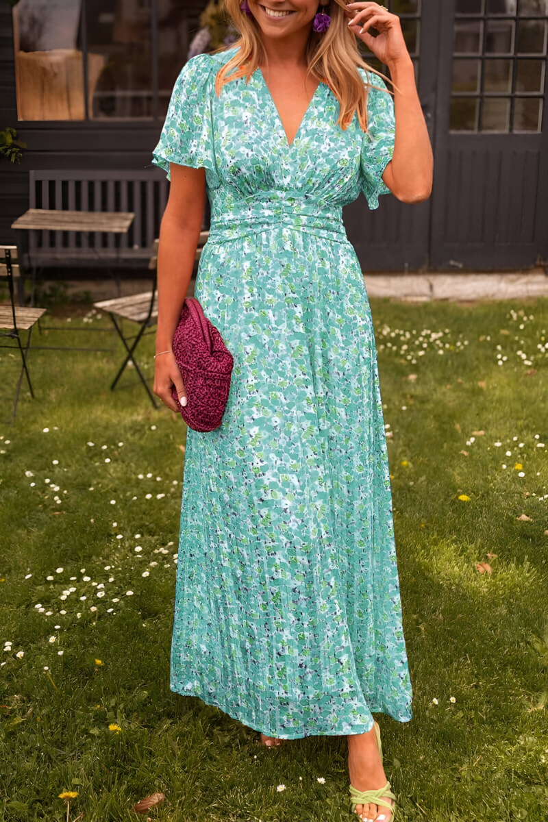 Women's V-Neck Flutter Sleeve Maxi Dress