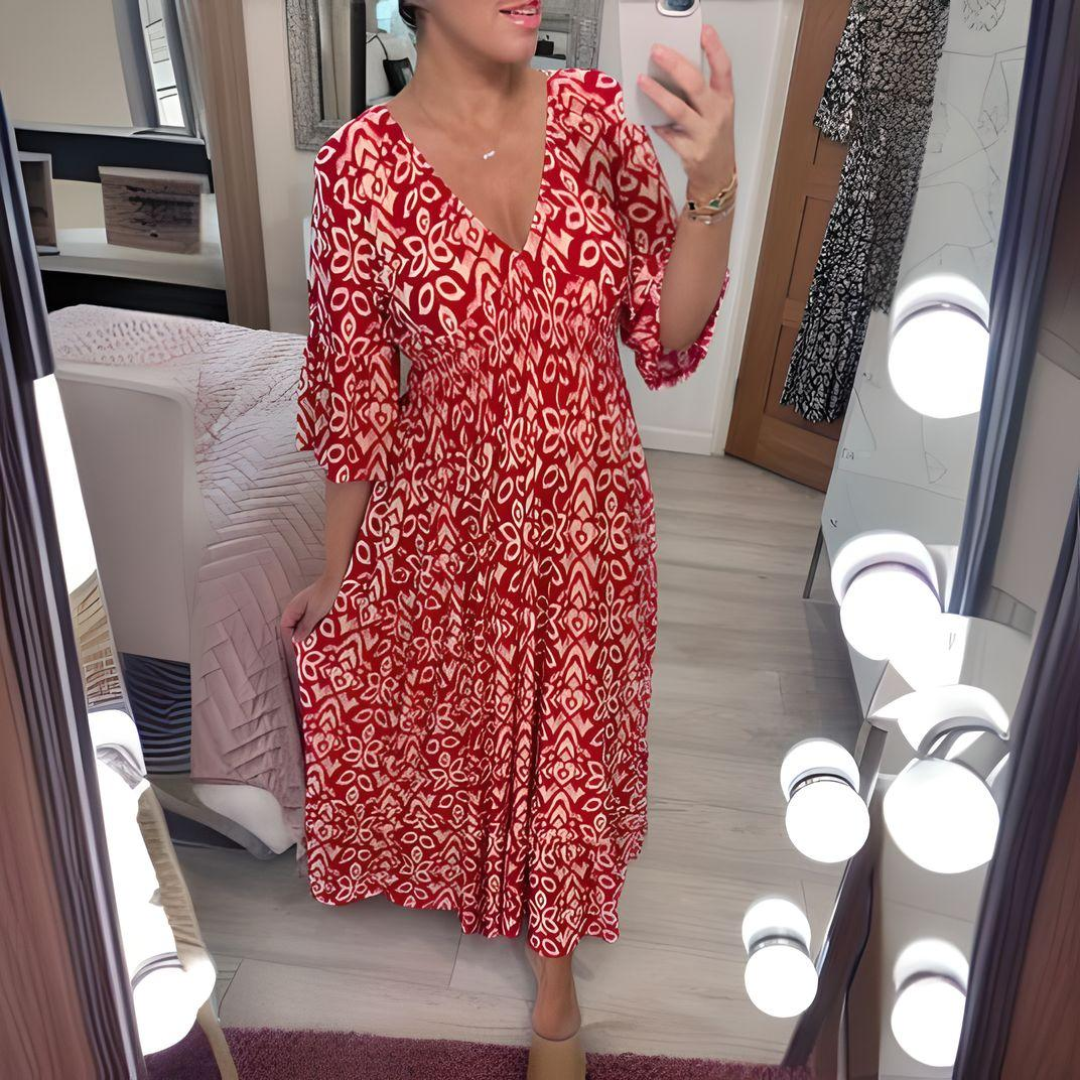 Women's V-Neck Geometric Print Half Sleeves Maxi Dress