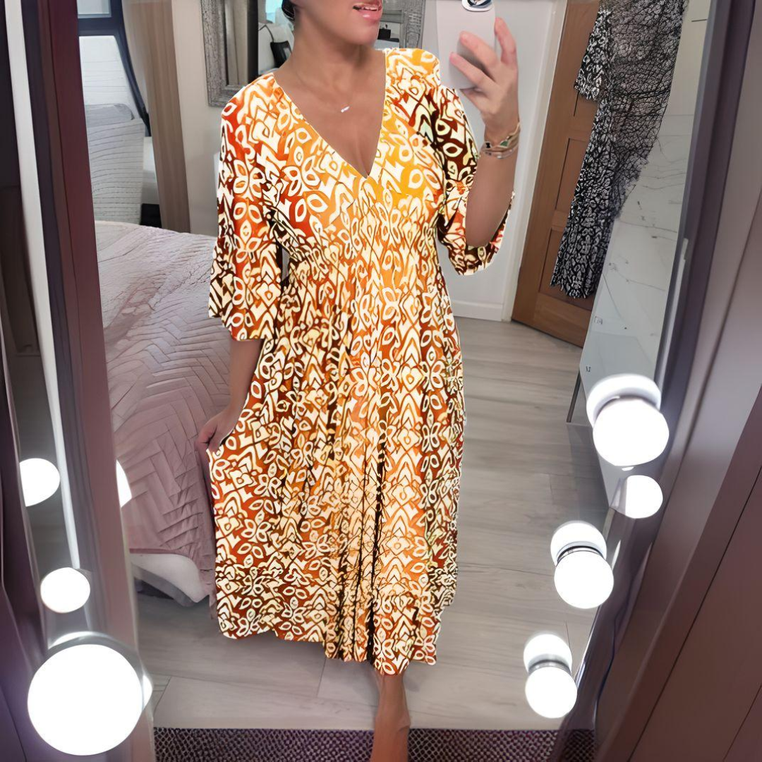 Women's V-Neck Geometric Print Half Sleeves Maxi Dress
