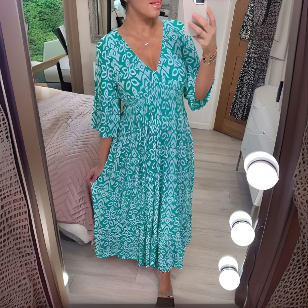 Women's V-Neck Geometric Print Half Sleeves Maxi Dress