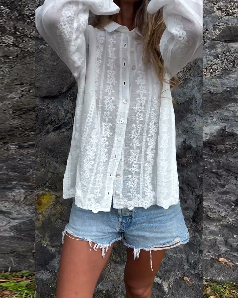 Women’s V-Neck Long Sleeve Lace Blouse