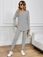 Women’s V-Neck Long Sleeve Ribbed Knit 2 Piece Lounge Set