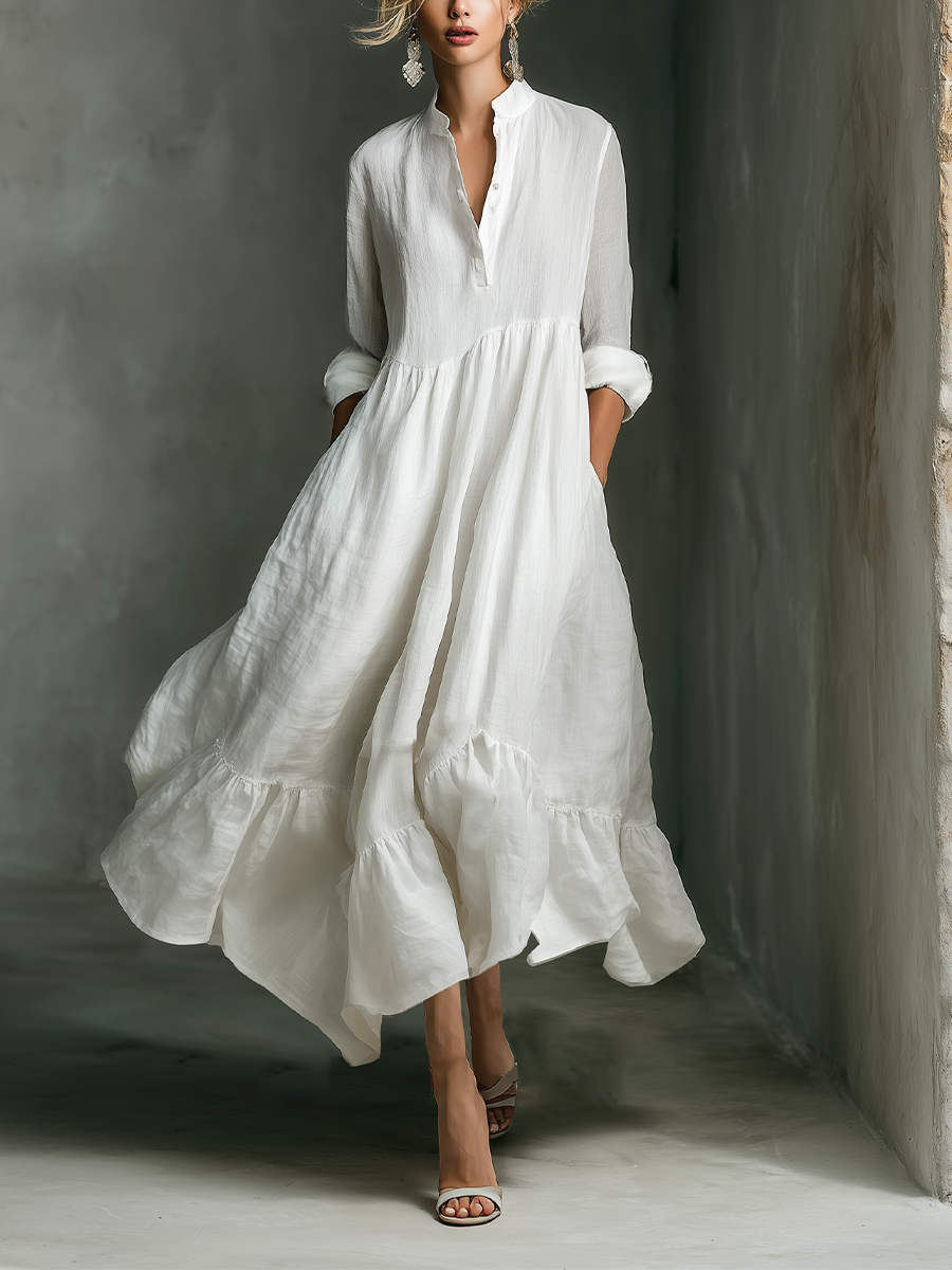 Women's V-Neck Long Sleeve Ruffled Hem White Maxi Dress