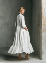 Women's V-Neck Long Sleeve Ruffled Hem White Maxi Dress
