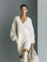 Women's V-Neck Long-Sleeve Textured Knit Sweater Mini Dress