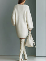 Women's V-Neck Long-Sleeve Textured Knit Sweater Mini Dress