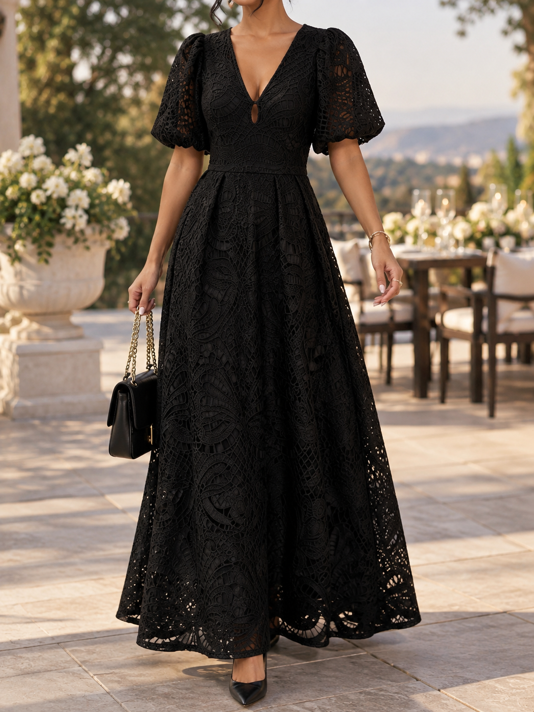 Women's V-Neck Puff-Sleeve Lace Maxi Dress