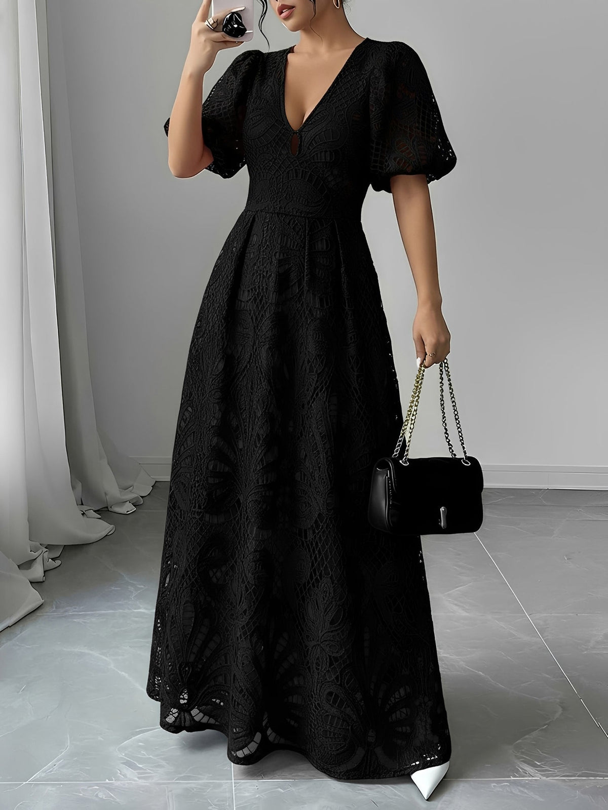 Women's V-Neck Puff-Sleeve Lace Maxi Dress