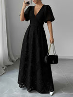 Women's V-Neck Puff-Sleeve Lace Maxi Dress