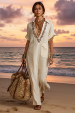 Women's V-Neck Short Sleeve Embroidery Maxi Dress