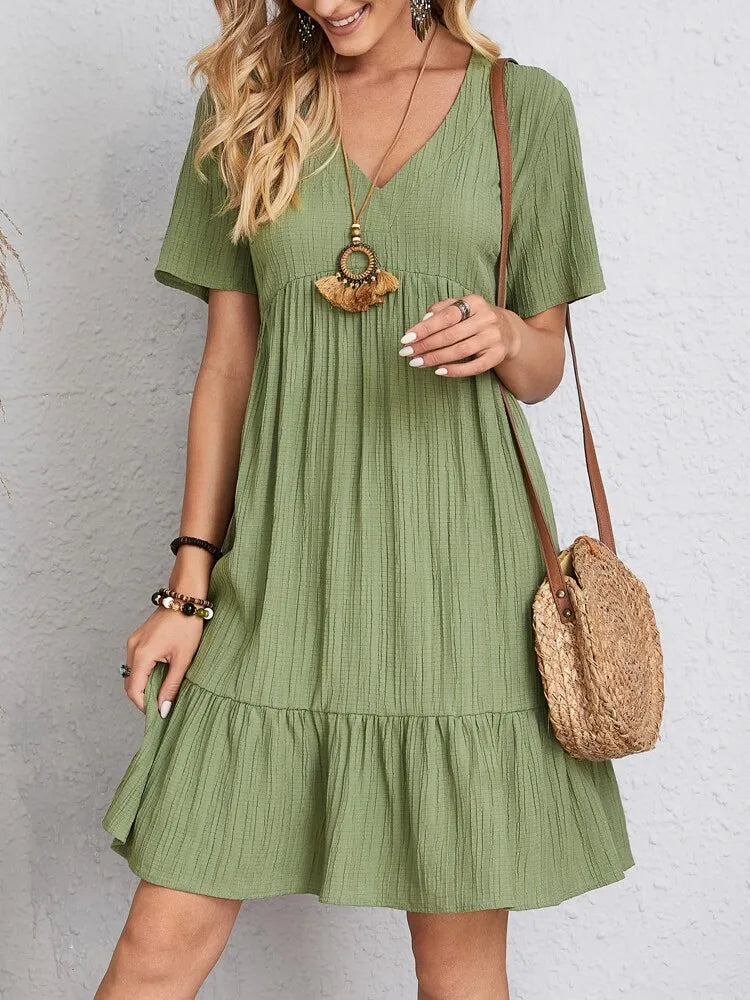 Women's V-Neck Short Sleeve Tiered Mini Dress