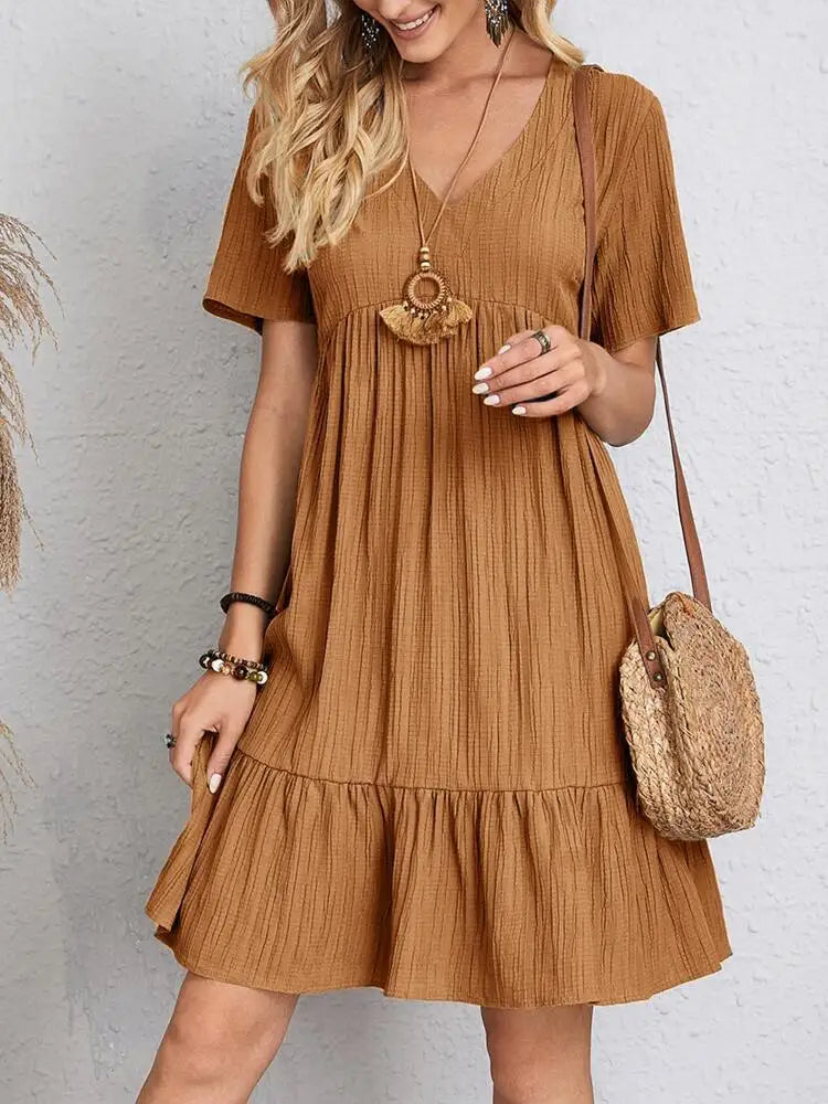 Women's V-Neck Short Sleeve Tiered Mini Dress
