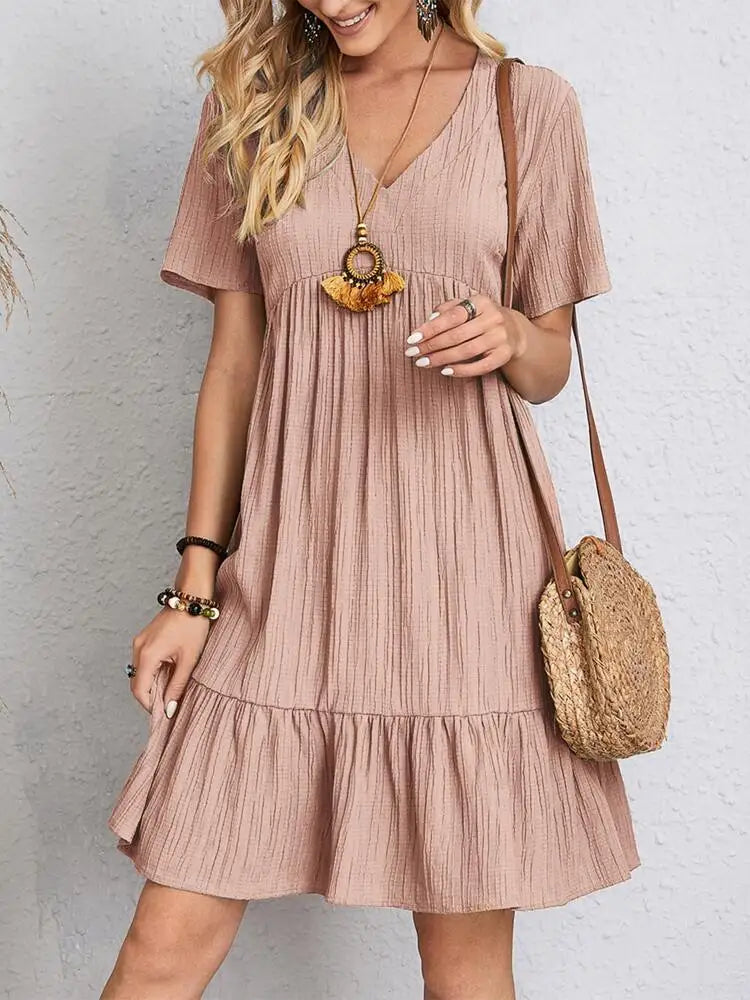 Women's V-Neck Short Sleeve Tiered Mini Dress