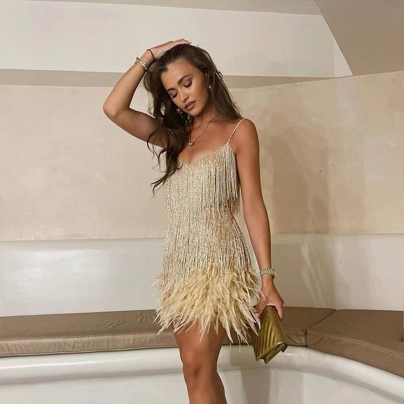 Women's V-Neck Spaghetti-Strap Feather Mini Dress