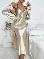 Women’s V-Neck Spaghetti Strap Nightgown and Robe 2 Piece Pajama Set