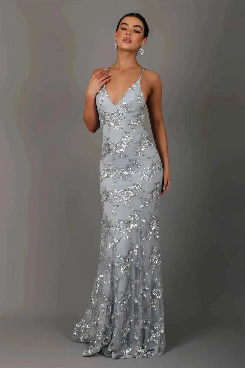 Women's V-Neck Spaghetti Strap Sequin Maxi Dress