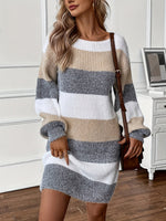 Women's Wide Round-Neck Long-Sleeve Striped Knit Sweater Dress