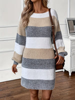Women's Wide Round-Neck Long-Sleeve Striped Knit Sweater Dress