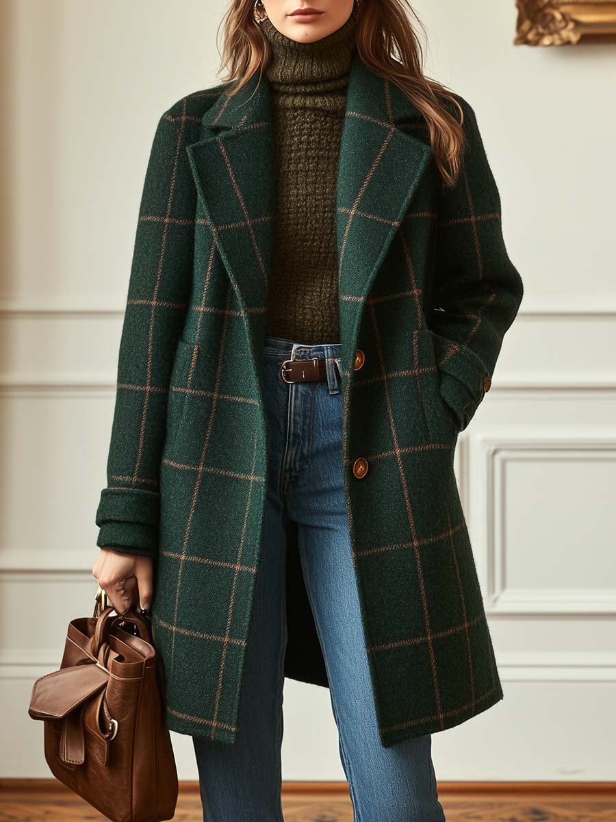Women's Windowpane Check Notched Lapel Coat