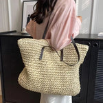 Women’s Woven Straw Look Large Shoulder Tote Bag