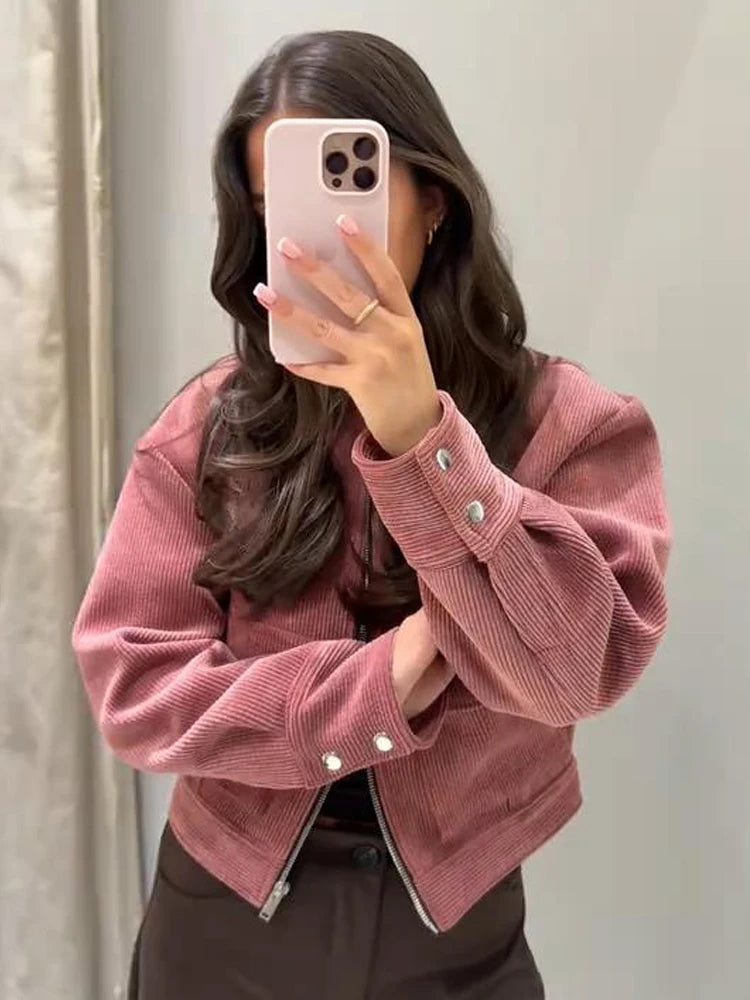 Women’s Zip Front Cropped Flap Pocket Bomber Jacket