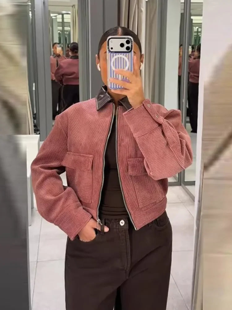 Women’s Zip Front Cropped Flap Pocket Bomber Jacket