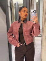 Women’s Zip Front Cropped Flap Pocket Bomber Jacket