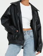 Women’s Zip Front Elastic Hem Oversized Leather Look Jacket