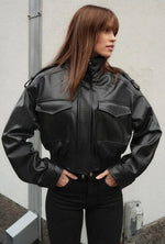 Women’s Zip Front Pocket Cropped Leather Look Jacket