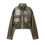 Women’s Zip Front Pocket Cropped Leather Look Jacket