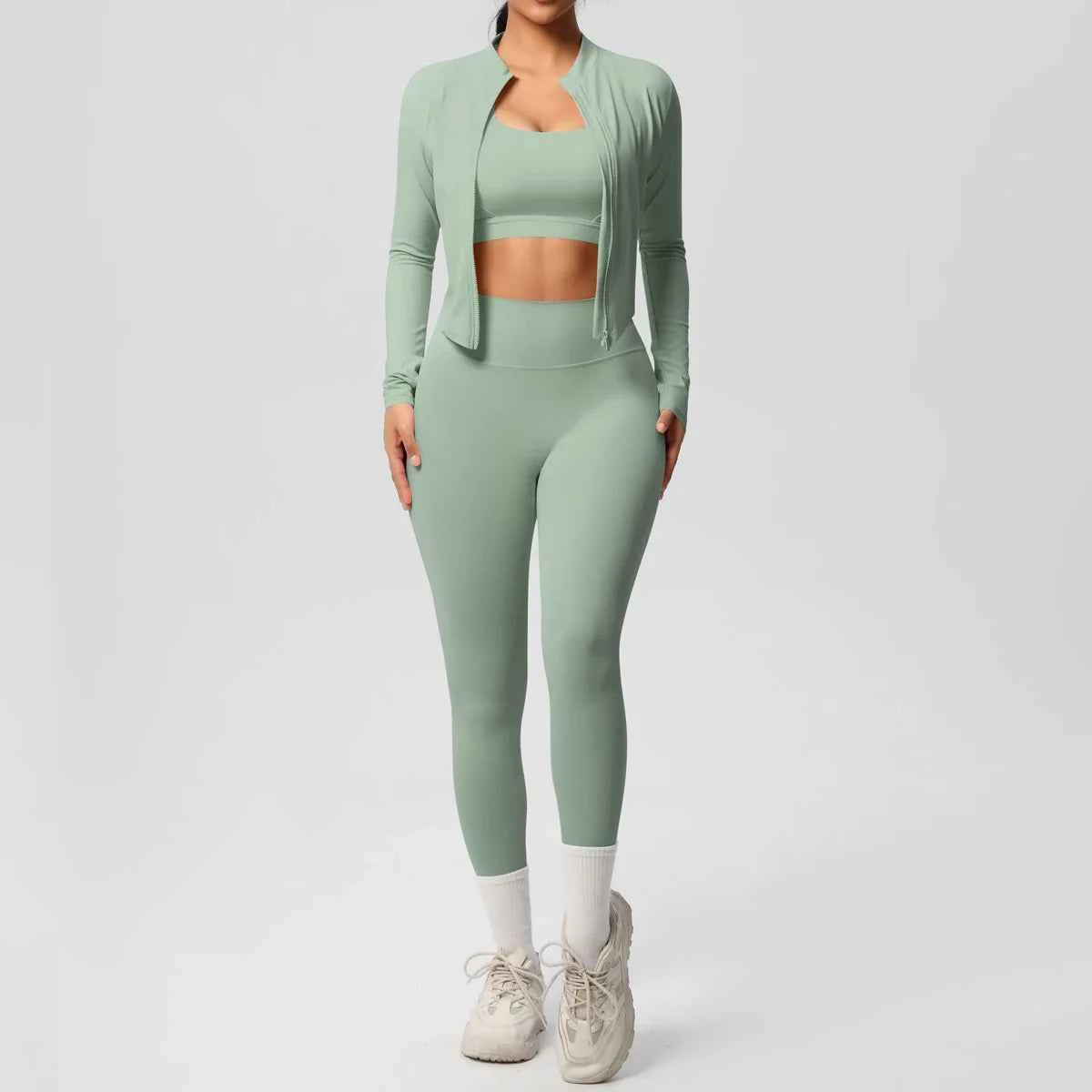 Women's Zip-Jacket 3-Piece Leggings Gym Set