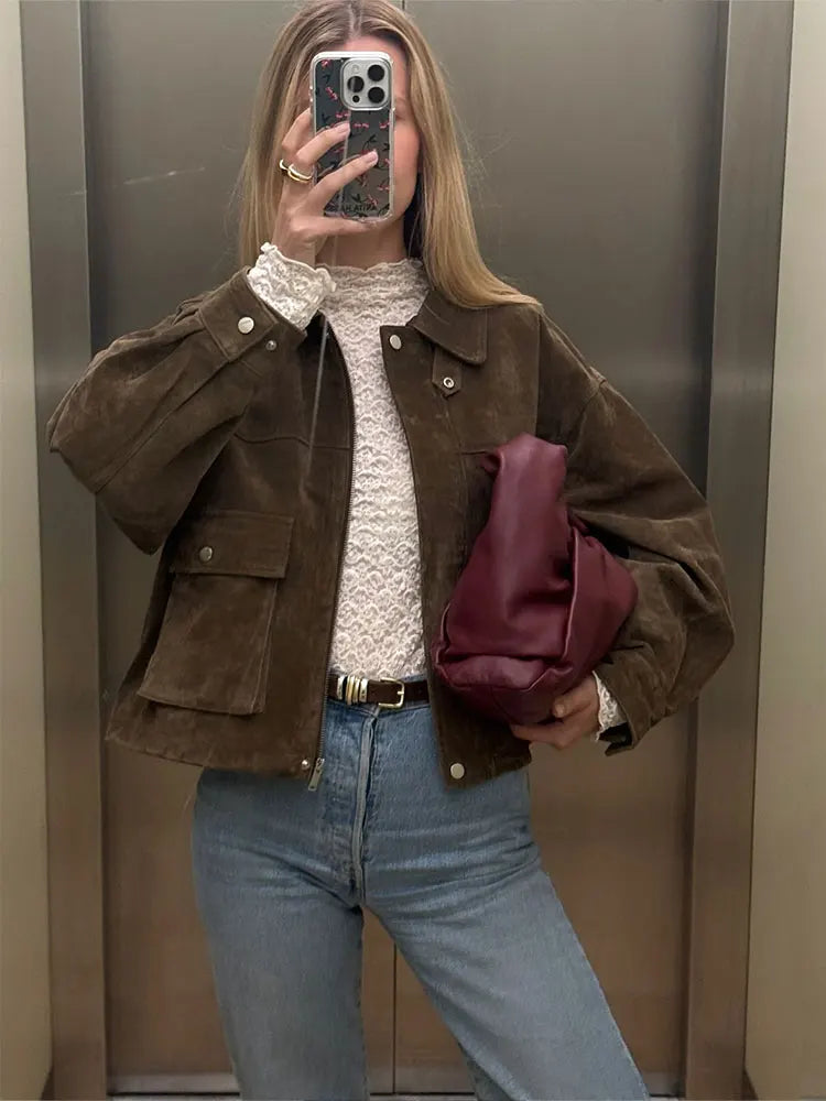 Women’s Zipper Turn-Down Collar Utility Jacket