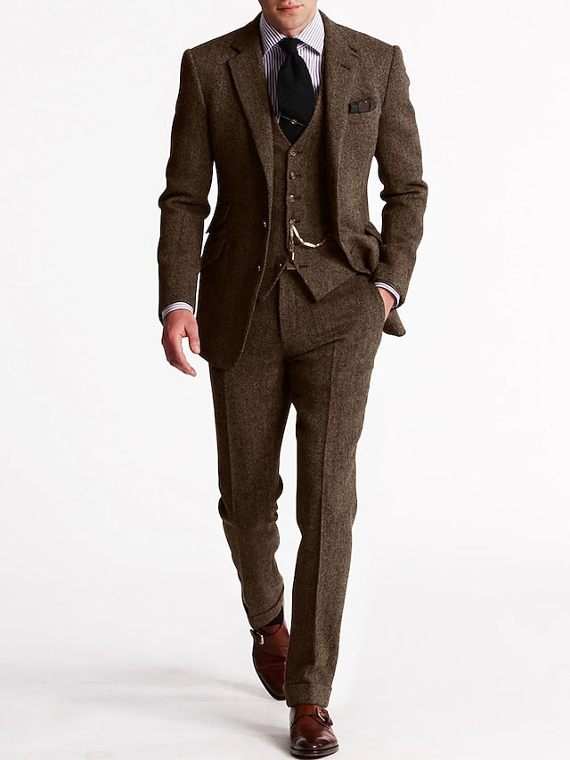 Men’s Tailored Slim Fit Tweed 3-Piece Suit Set